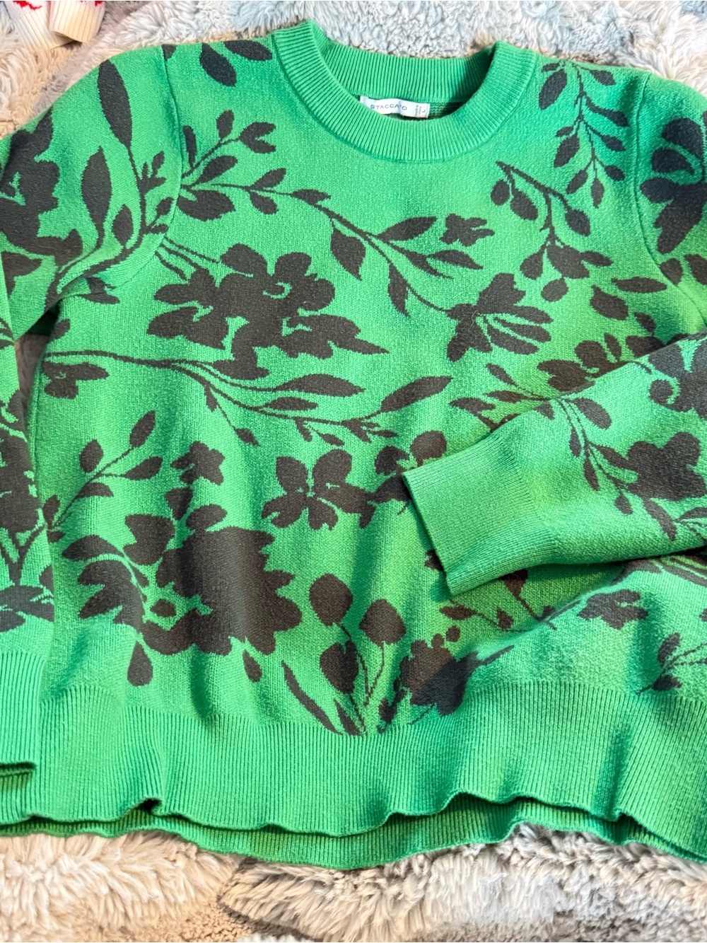 Staccato Green Crewneck Sweater with Black Floral Motif